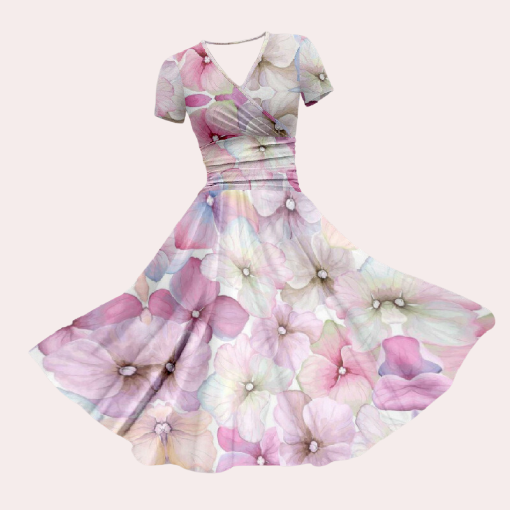 Buntes Midikleid mit V-Ausschnitt – Selina