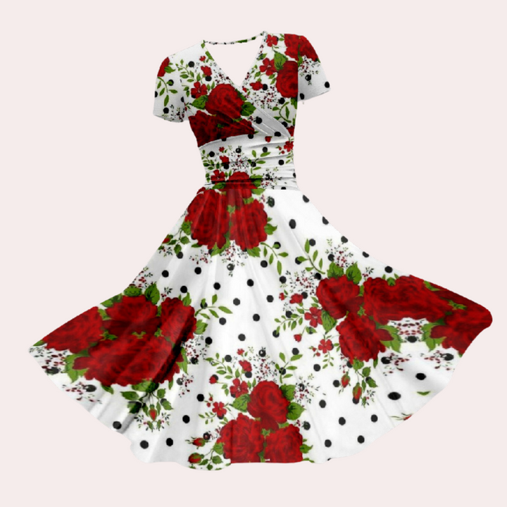 Buntes Midikleid mit V-Ausschnitt – Selina