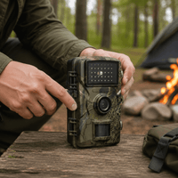 Handen houden de wildcamera met infraroodlampjes, lens en bewegingssensor vast op een houten tafel op een boscamping. 2
