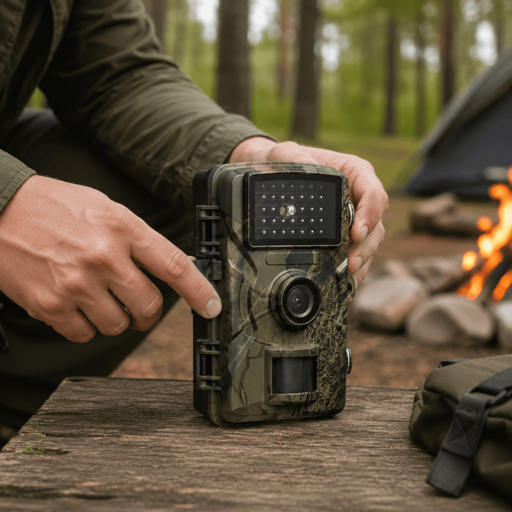 Handen houden de wildcamera met infraroodlampjes, lens en bewegingssensor vast op een houten tafel op een boscamping. 2