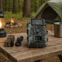 Camouflagekleurige wildcamera staat op een houten picknicktafel bij een kampvuur, met bevestigingsband en USB-kabel ernaast. 1