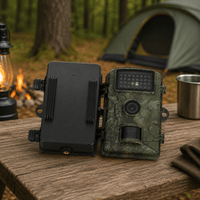 Wildcamera met geopende klep naast de camouflagevoorkant, zwarte achterzijde met statiefschroefdraad en bevestigingsoogjes op een houten tafel. 4