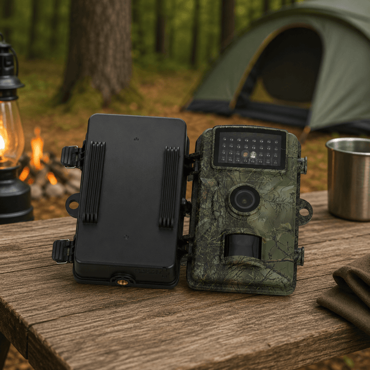 Wildcamera met geopende klep naast de camouflagevoorkant, zwarte achterzijde met statiefschroefdraad en bevestigingsoogjes op een houten tafel. 4