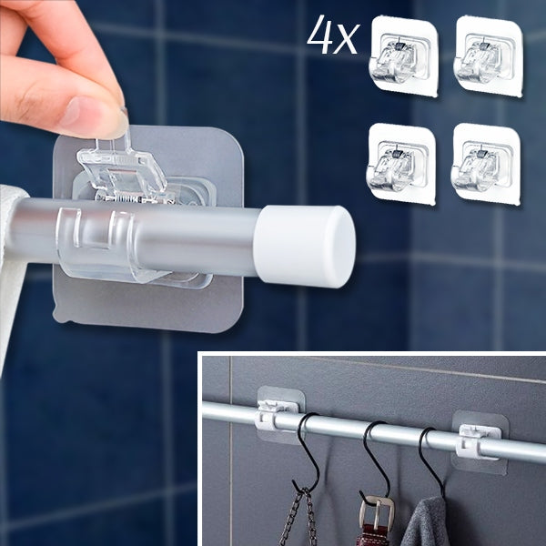 Collage: een hand drukt een doorzichtige klem met stang tegen een betegelde muur, met de vier klemmen en een stang met haken eronder. 1