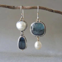 Vintage Oorbellen met Blauwe Natuursteen en Parel - Amalina