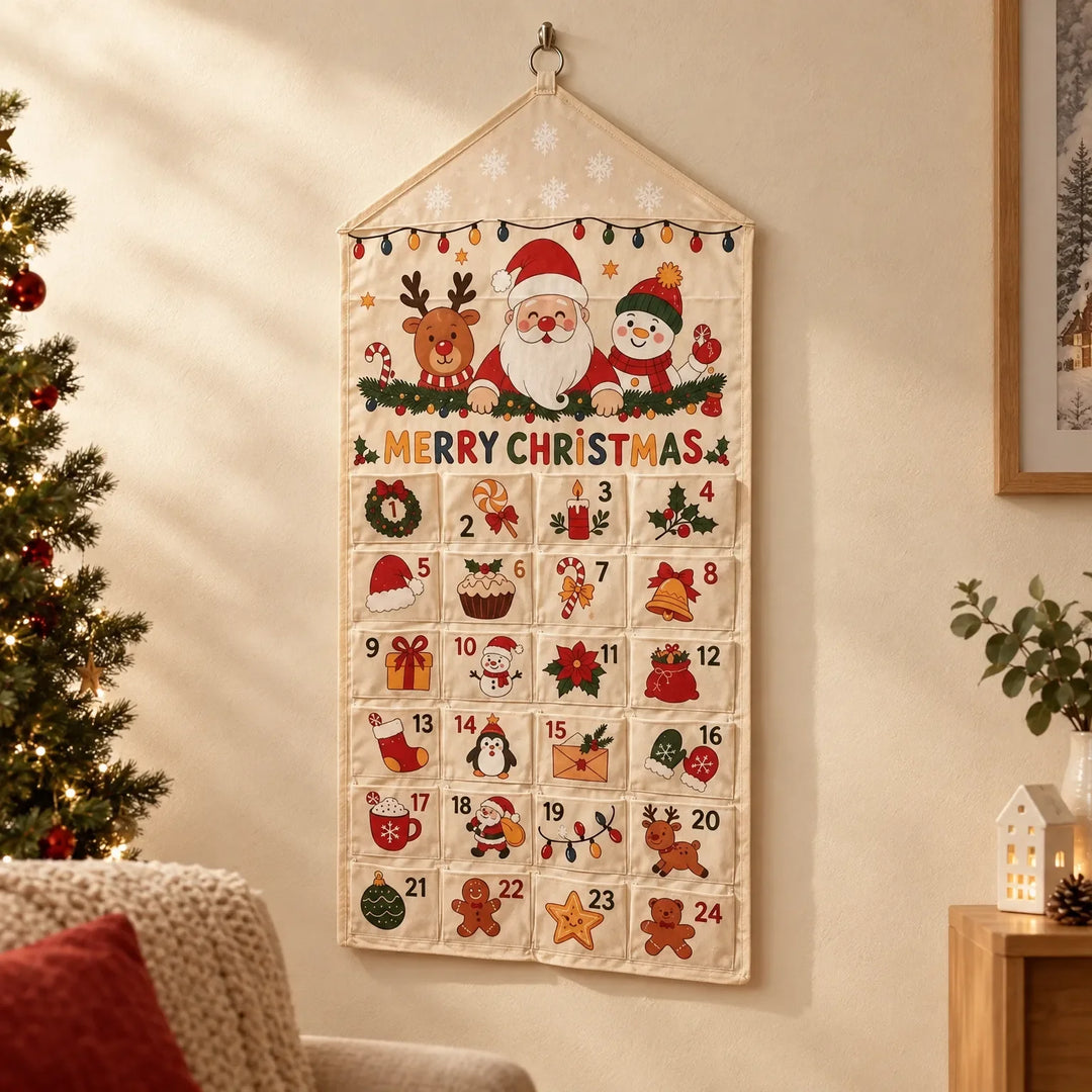 Canvas adventskalender met 24 vakjes aan de muur in een gezellige woonkamer, naast een verlichte kerstboom en een kussen. 1