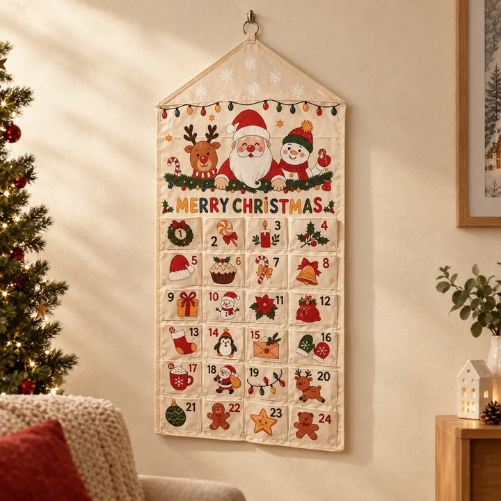Canvas adventskalender met 24 vakjes aan de muur in een gezellige woonkamer, naast een verlichte kerstboom en een kussen. 1