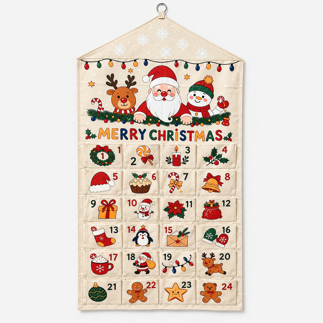 Voorkant van de canvas adventskalender met kerstman, rendier en sneeuwpop boven 24 genummerde zakjes, vrijstaand op een witte achtergrond. 2