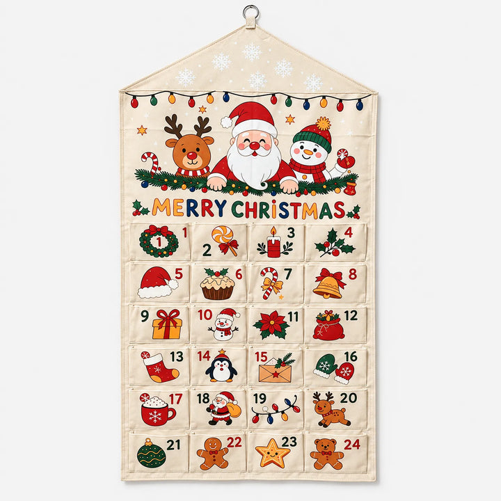 Voorkant van de canvas adventskalender met kerstman, rendier en sneeuwpop boven 24 genummerde zakjes, vrijstaand op een witte achtergrond. 2