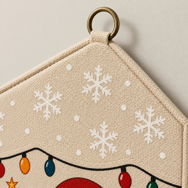 Close-up van de bovenrand van de canvas adventskalender met metalen ophangring, sneeuwvlokken en een slinger gekleurde lampjes op de geweven stof. 3