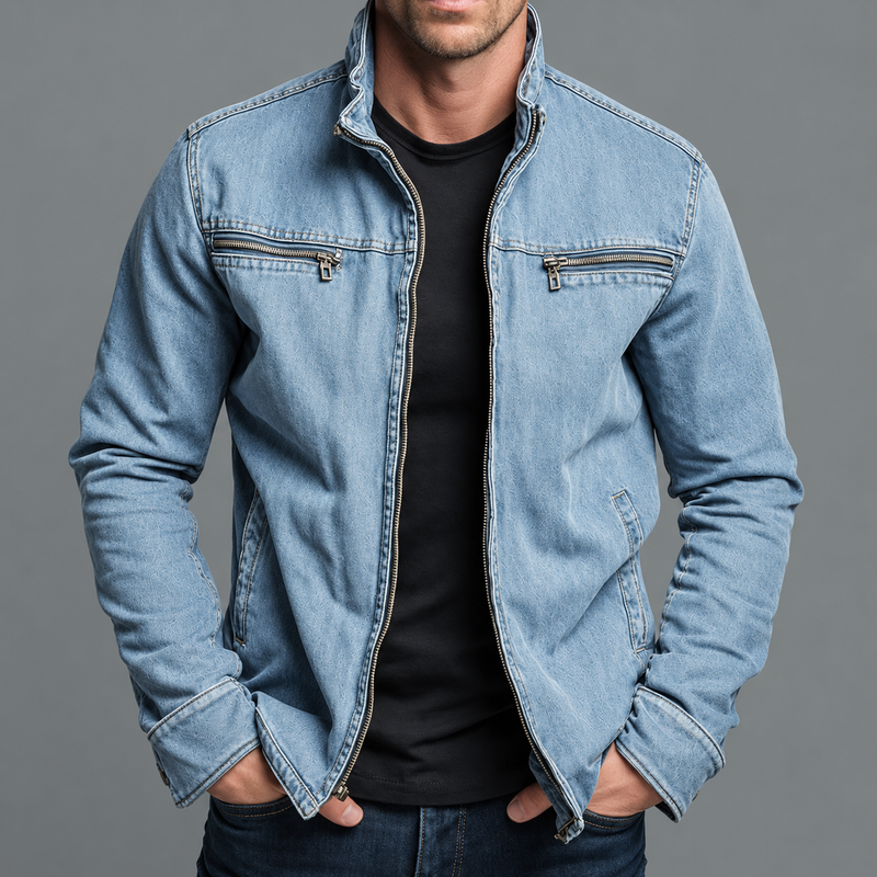 Lichtblauwe denimuitvoering van de jack, open gedragen over een zwart shirt 7