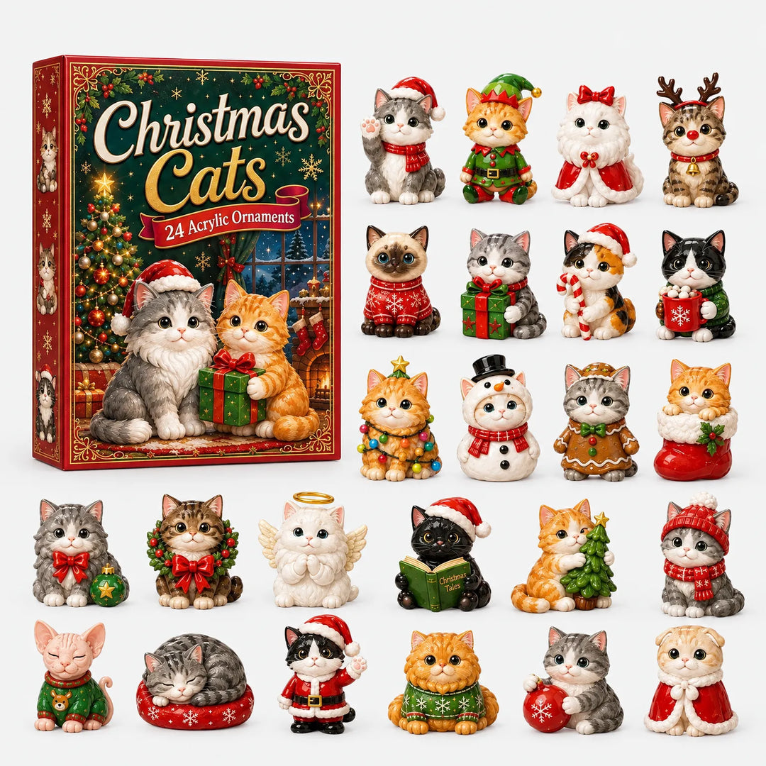 Rode doos met kerstkatten naast alle 24 kleine katfiguurtjes in kerstoutfits, netjes uitgestald op een witte achtergrond. 2