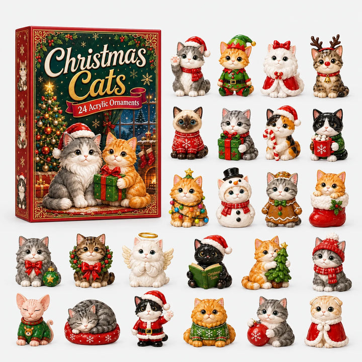 Rode doos met kerstkatten naast alle 24 kleine katfiguurtjes in kerstoutfits, netjes uitgestald op een witte achtergrond. 2