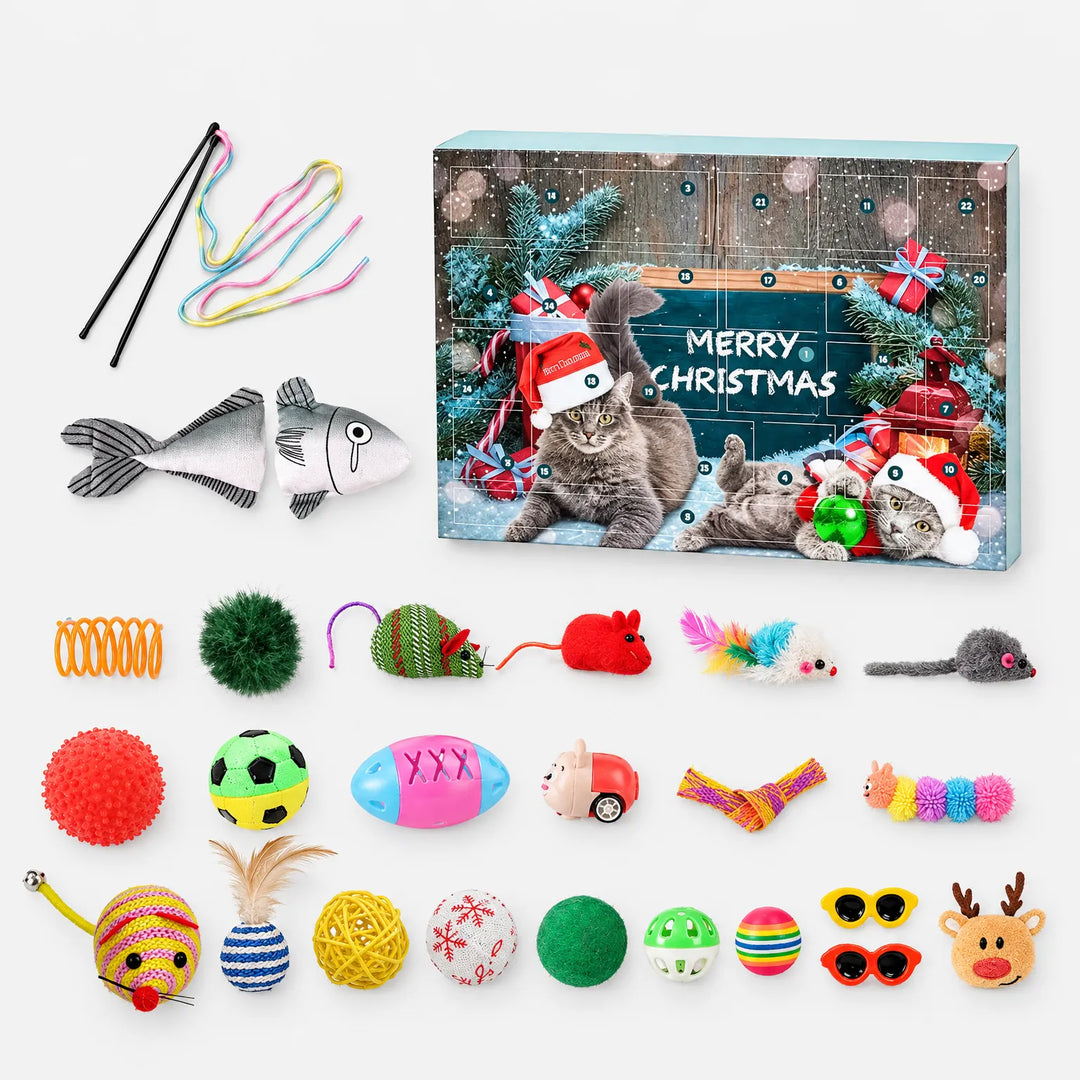 Flatlay van de adventskalenderdoos met kerstkatten, omringd door alle speeltjes: muisjes, balletjes, een stoffen vis, een hengel en een rendiertje. 2