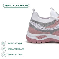 Achterkant en hiel van de witte sneaker met roze en grijs gaas, met pictogrammen voor hielsteun, antislipzool en voetboogsteun. 22