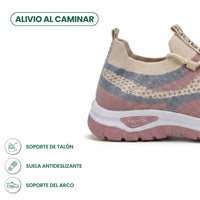 Achterkant en hiel van de beige sneaker met roze en blauwgrijs gaas, met pictogrammen voor hielsteun, antislipzool en voetboogsteun. 31
