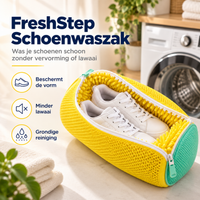 Gele gaaszak met turquoise uiteinde en witte sneakers erin, geopend voor een wasmachine in een wasruimte 1