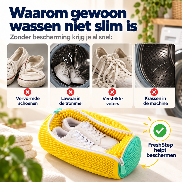 Gele schoenenwaszak onderaan, met erboven vier voorbeelden van schade bij wassen zonder bescherming 2