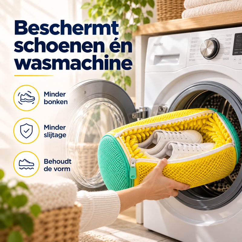 Hand schuift de gele waszak met sneakers in de geopende trommel van een wasmachine 3