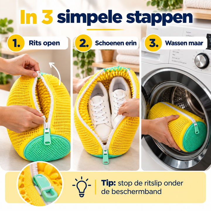 Drie stappen in beeld: rits openen, schoenen in de zak leggen en in de wasmachine plaatsen 6