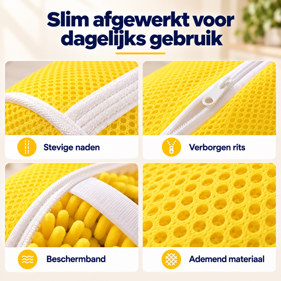 Vier close-ups van naden, verborgen rits, beschermband en ademend gaasmateriaal van de gele waszak 7