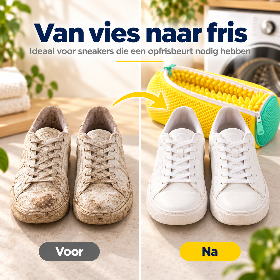 Voor-en-nafoto: vuile sneakers links, schone witte sneakers rechts naast de gele waszak 5