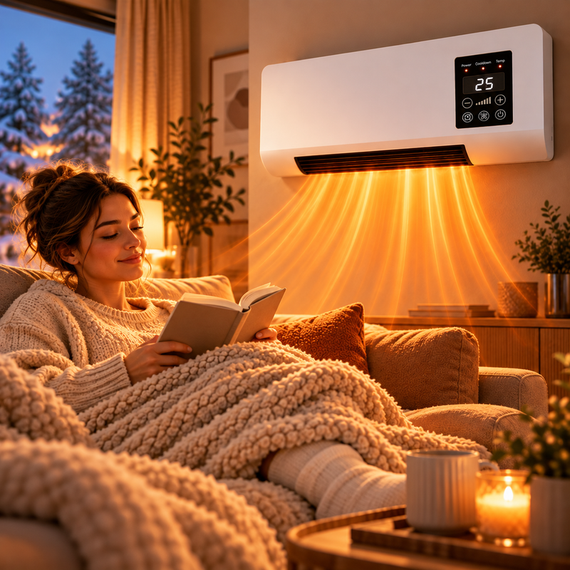 Lachende vrouw leest een boek onder een plaid, wandverwarming blaast warme lucht in de woonkamer 6