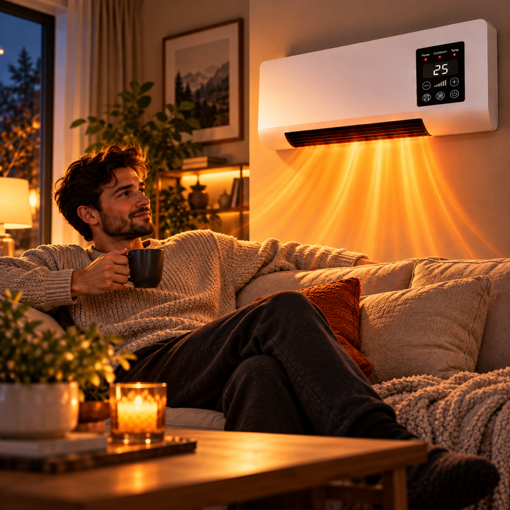 Man met een mok ontspant op de bank terwijl de wandverwarming warme lucht blaast 3