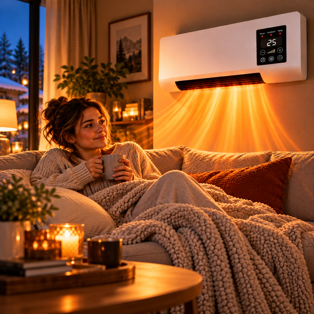 Vrouw met een kop thee onder een gebreide deken, warme luchtstroom uit de wandverwarming 5