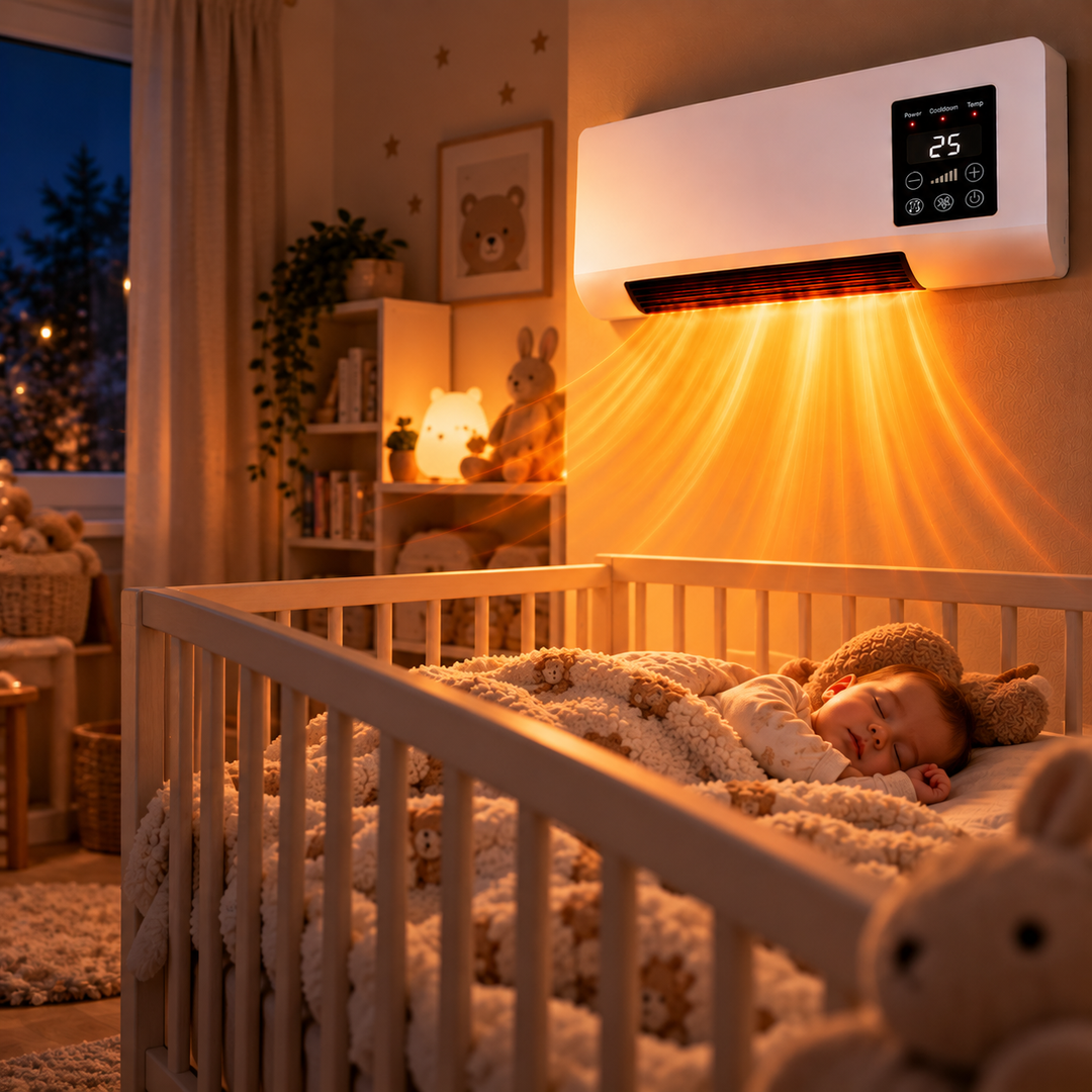 Slapende baby in een ledikant in de kinderkamer, wandverwarming blaast warme lucht erboven 4