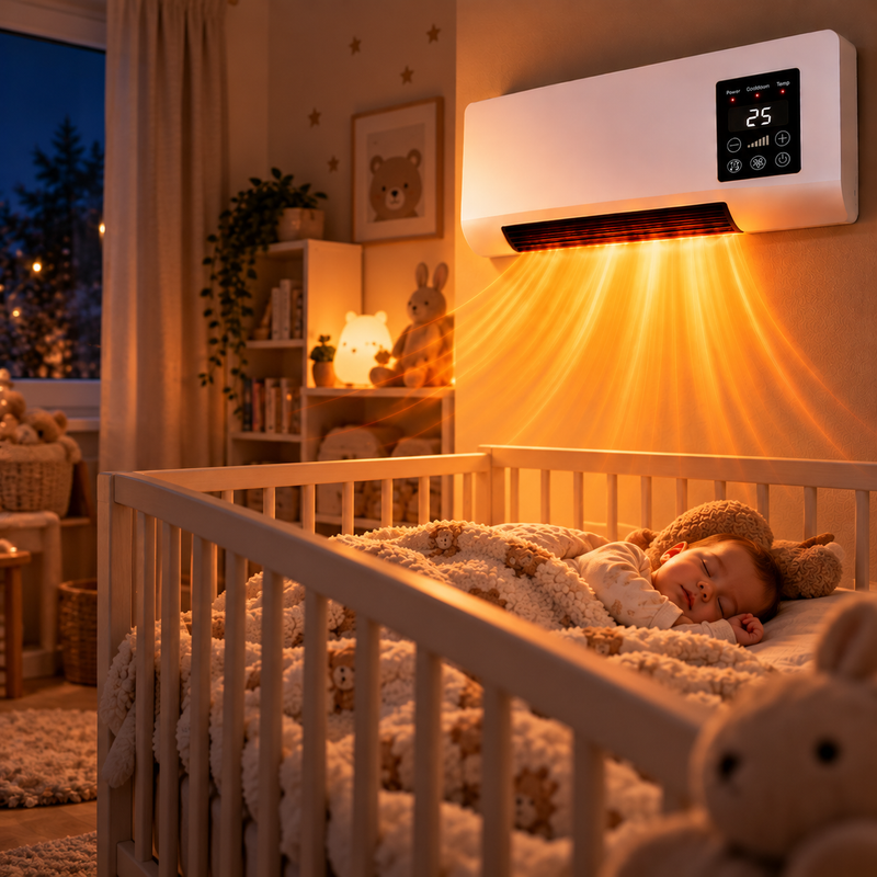 Slapende baby in een ledikant in de kinderkamer, wandverwarming blaast warme lucht erboven 4