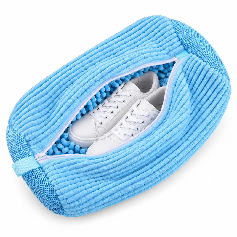 Lichtblauwe waszak van geribbelde pluche, deels geopend met witte sneakers op blauwe chenille binnenkant 11