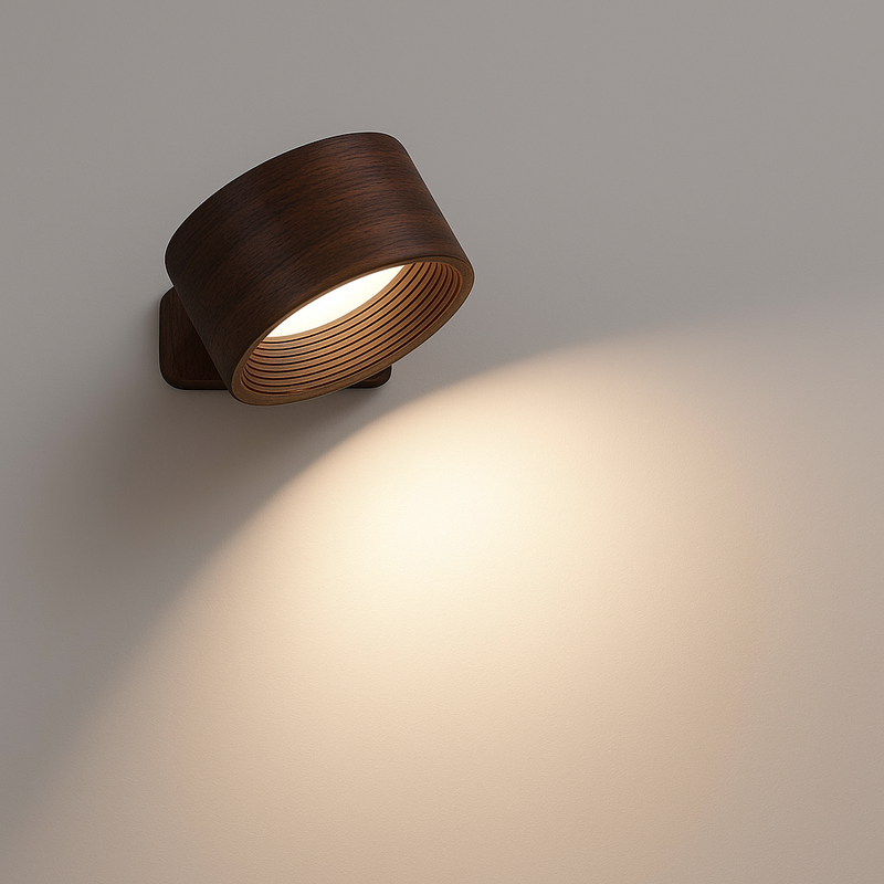 Wandlamp in donkerbruine houtlook, schuin gedraaid tegen een grijze muur, met een warme lichtbundel naar beneden. 4