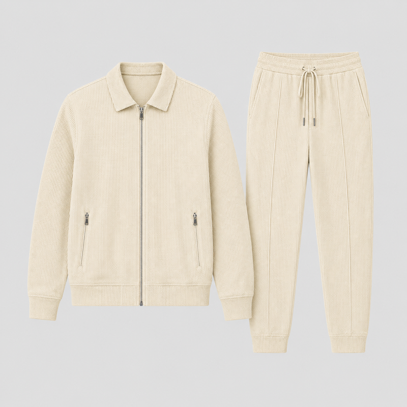 Jack en broek los naast elkaar neergelegd in crèmebeige, met ritszakken, boorden en trekkoord 6