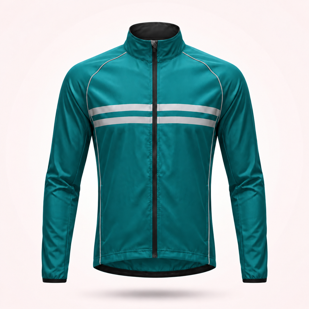 Voorkant van de groene fietsjas zonder capuchon, met opstaande kraag, rits en twee reflecterende strepen. 14