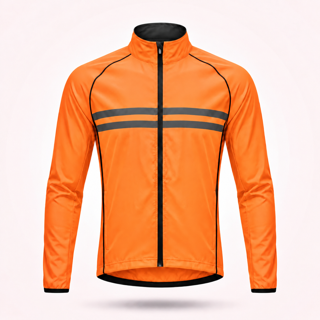 Voorkant van de oranje fietsjas zonder capuchon, met zwarte rits en twee grijze reflecterende strepen over de borst. 15