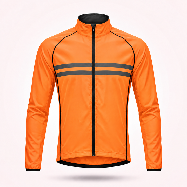 Voorkant van de oranje fietsjas zonder capuchon, met zwarte rits en twee grijze reflecterende strepen over de borst. 15