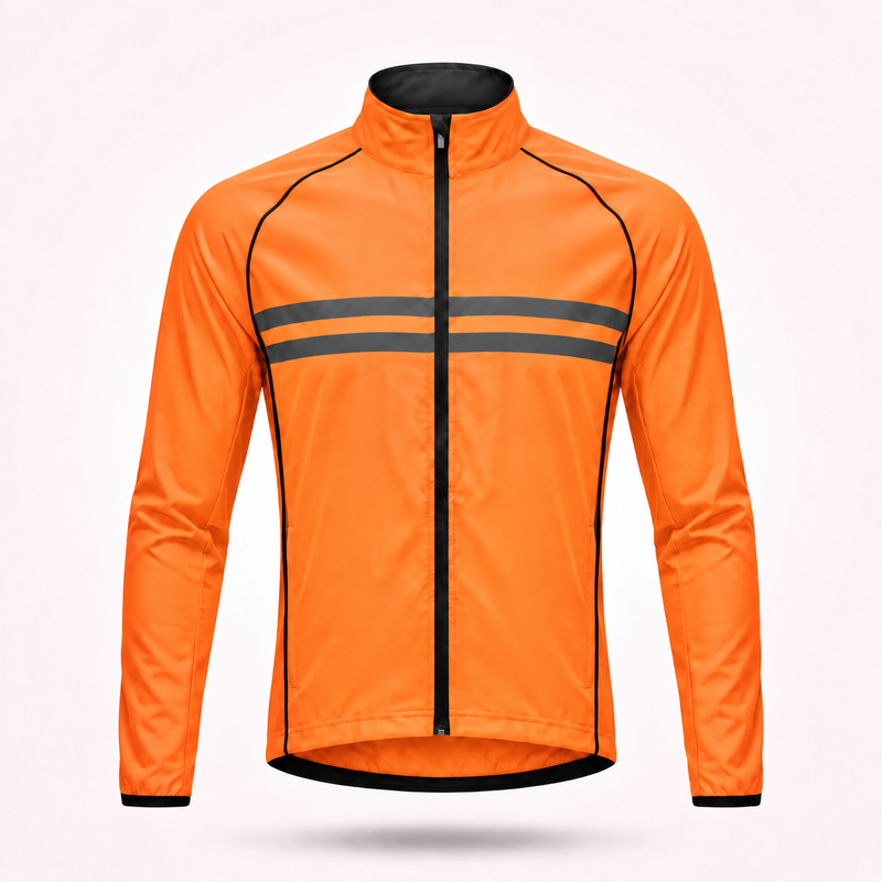 Voorkant van de oranje fietsjas zonder capuchon, met zwarte rits en twee grijze reflecterende strepen over de borst. 15