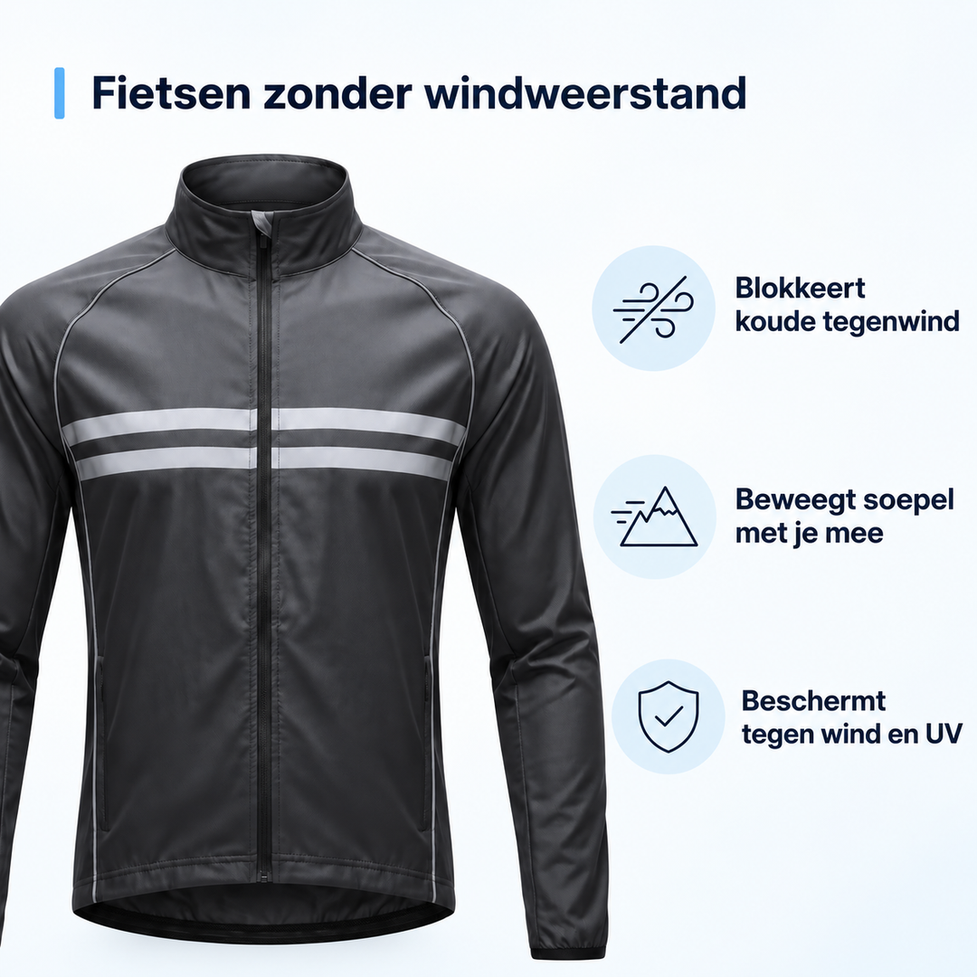 Zwarte fietsjas van voren met pictogrammen en korte teksten over windbescherming, soepele pasvorm en bescherming tegen wind en uv. 3