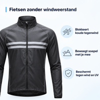 Zwarte fietsjas van voren met pictogrammen en korte teksten over windbescherming, soepele pasvorm en bescherming tegen wind en uv. 3