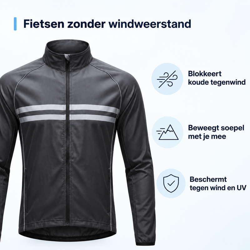 Zwarte fietsjas van voren met pictogrammen en korte teksten over windbescherming, soepele pasvorm en bescherming tegen wind en uv. 3
