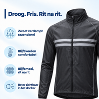 Zwarte fietsjas schuin van voren, naast pictogrammen over snel verdampend zweet, comfortabele temperatuur, duurzaam weefsel en zichtbaarheid in het donker. 4