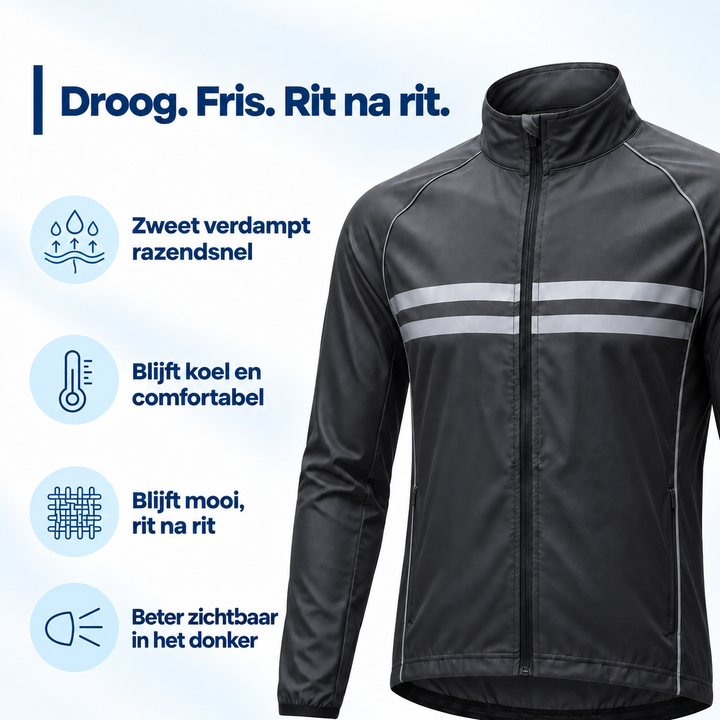 Zwarte fietsjas schuin van voren, naast pictogrammen over snel verdampend zweet, comfortabele temperatuur, duurzaam weefsel en zichtbaarheid in het donker. 4
