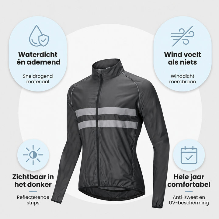 Zwarte fietsjas centraal met vier pictogrammen over waterdicht en ademend, winddicht, reflecterende strips en comfort het hele jaar. 7