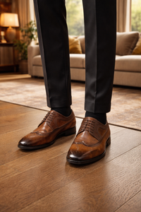 Bruine brogue veterschoenen gedragen met een donkere pantalon en zwarte sokken, op een houten vloer in een woonkamer. 1