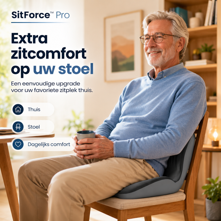 Oudere man met bril houdt een mok vast, zittend met het kussen op een houten stoel 10