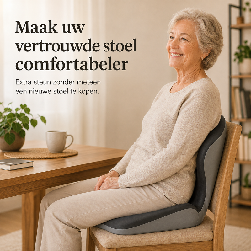 Oudere vrouw in beige trui zit rechtop op een houten eetkamerstoel met het kussen 4
