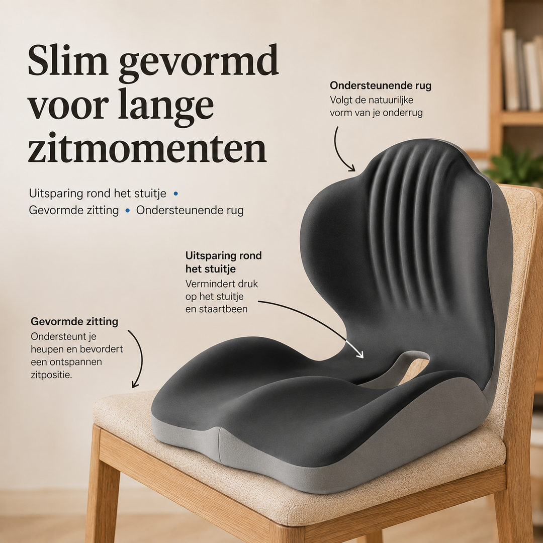 Zitkussen op een houten stoel met pijlen naar de rugsteun, de uitsparing en de gevormde zitting 7