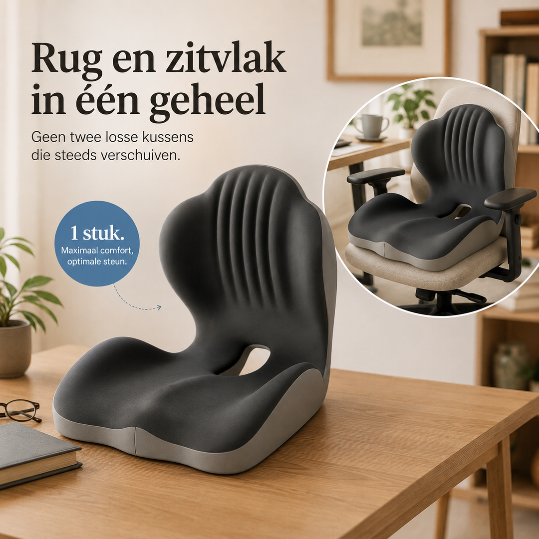 Zitkussen als één geheel op een bureau, met een inzet van het kussen op een kantoorstoel 9
