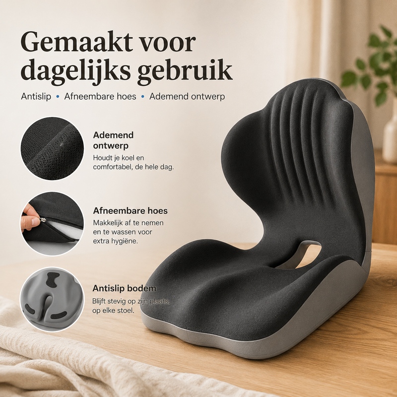 Zitkussen op een houten tafel met drie detailcirkels van stof, rits en antislipbodem 11